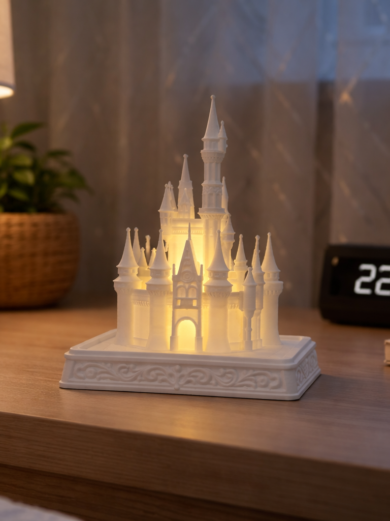 White illuminated castle tealight holder with tall spires, arched entry and ornate base