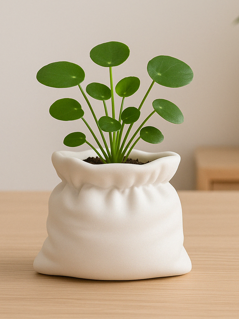 White sack-shaped planter with a green round-leaf houseplant on a light wood table