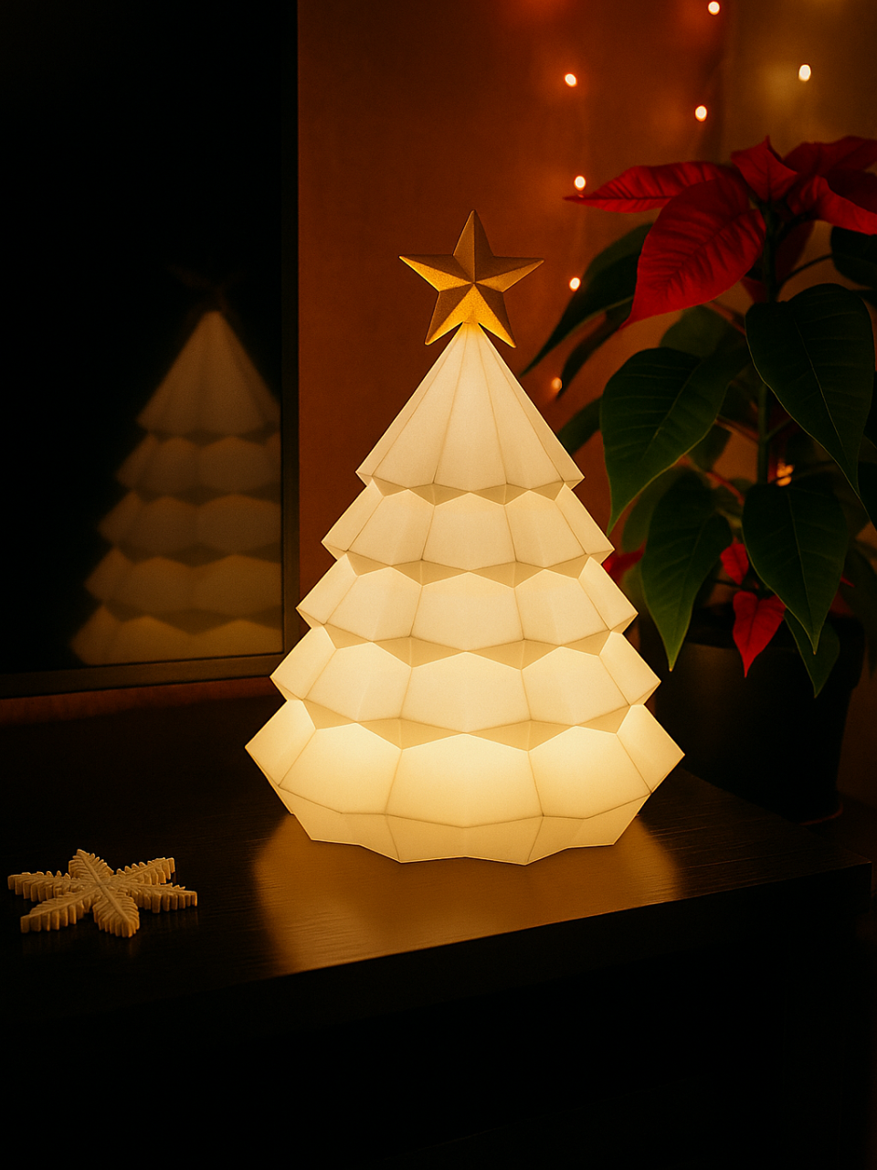 White geometric tiered Christmas tree tealight holder with a gold-coloured star, glowing warmly