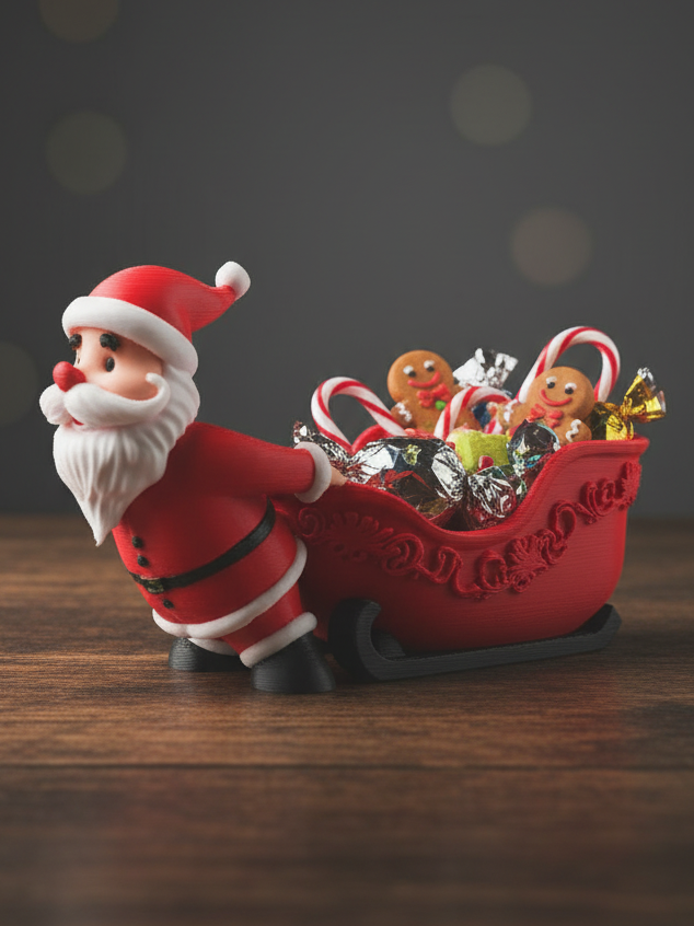 Santa figure pulling an ornate red sleigh sweet bowl filled with wrapped Christmas treats