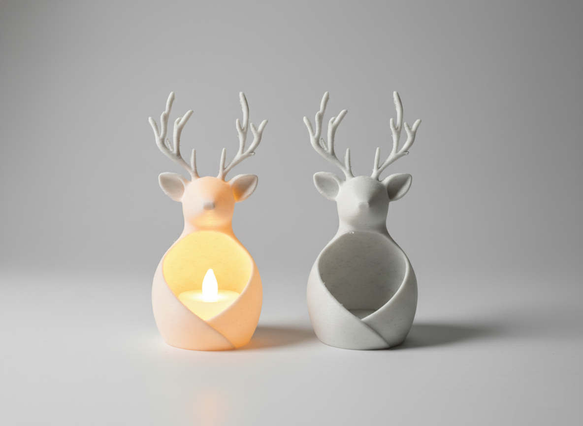 Two white reindeer tealight holders shown together, one illuminated with a battery-powered LED