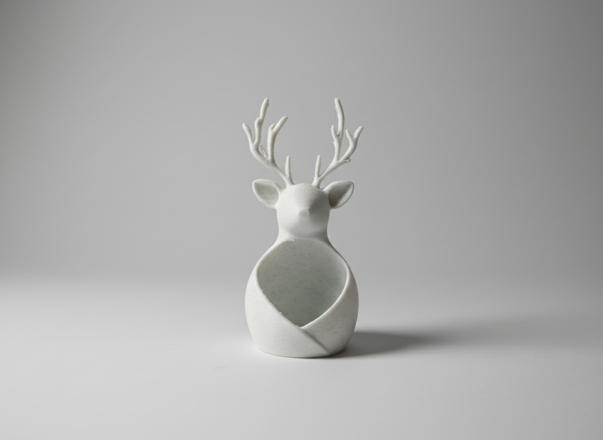 Front view of a white reindeer tealight holder with branched antlers and open chest cavity