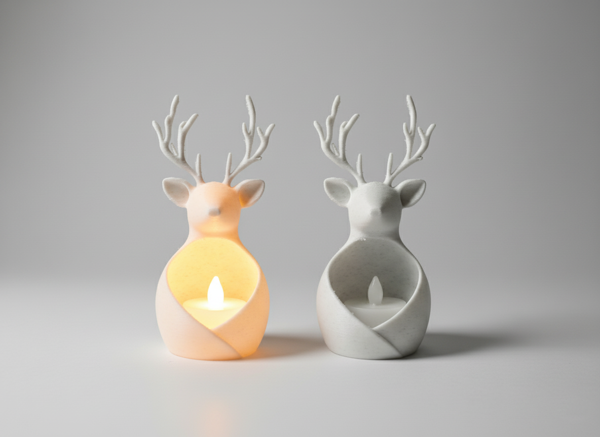 Close-up of the reindeer head, ears, antlers and open tealight cavity