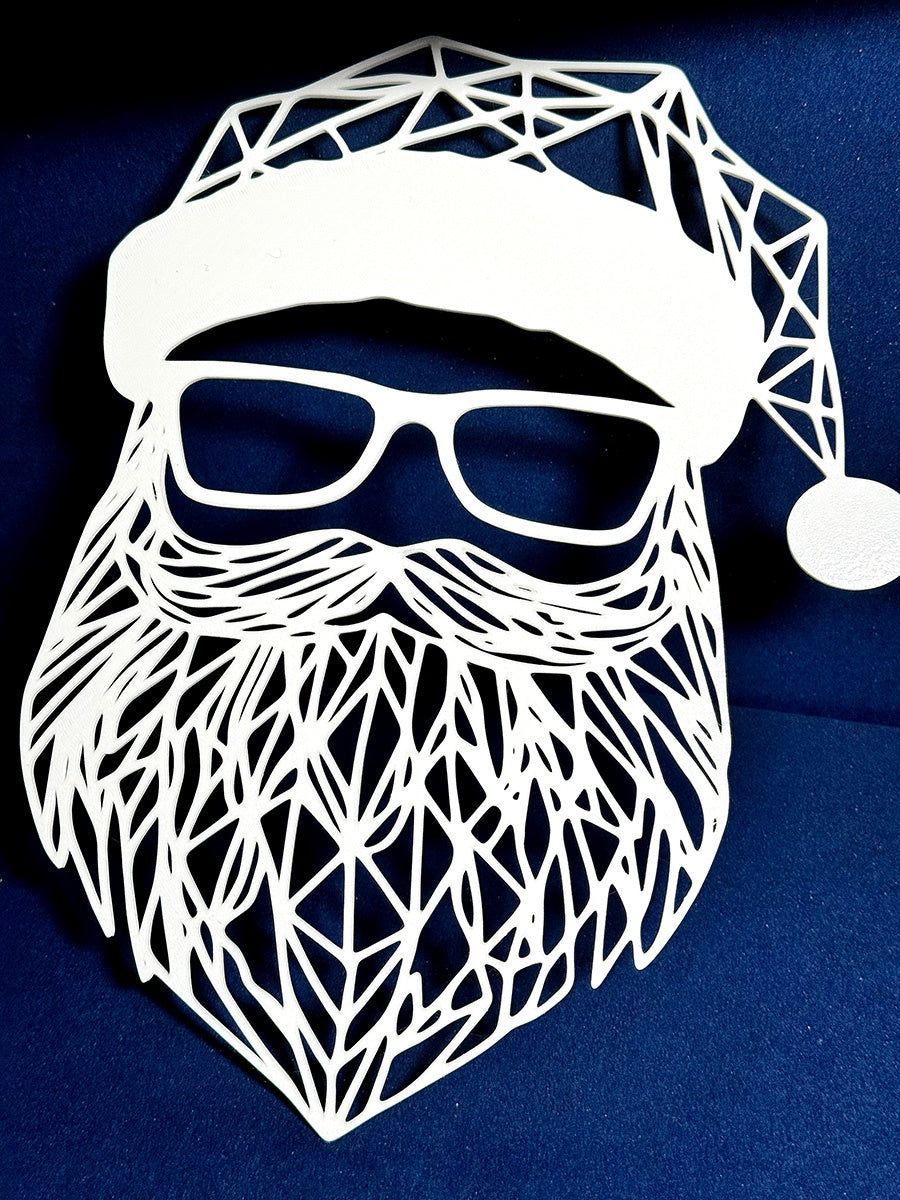 Close-up of the white openwork Santa sign showing the glasses, hat and geometric beard