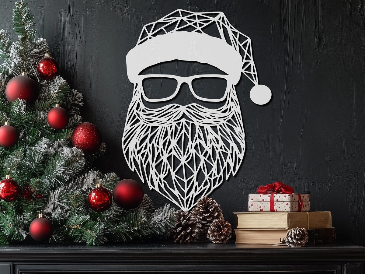 Full view of the white geometric Santa sign with glasses, hat and openwork beard on a dark blue background