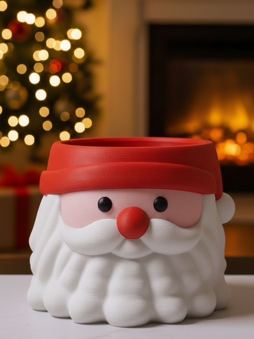 Santa Head sweet bowl with a red hat, pale face, red nose and white beard, filled with wrapped Christmas sweets