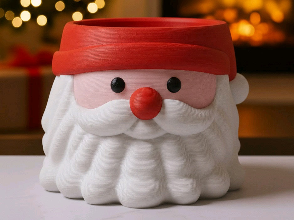 Front view of the fixed-colour Santa Head sweet bowl with an open top, red hat and white beard