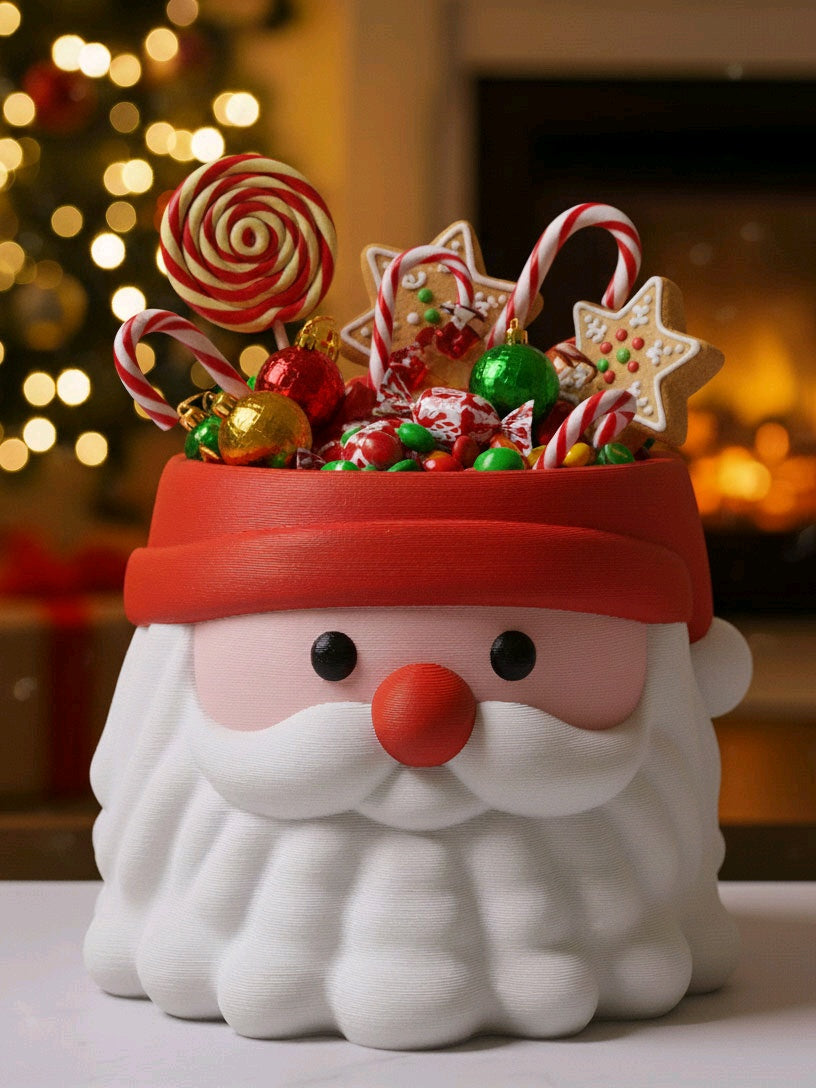 Open Santa Head sweet bowl filled with individually wrapped festive treats