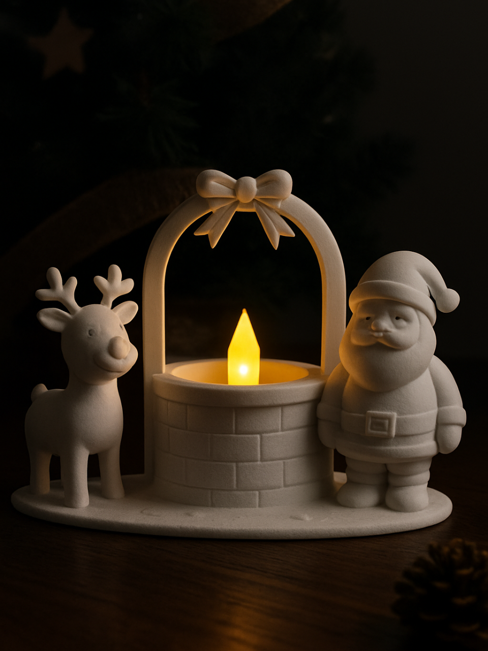 Close view of Santa, reindeer and the brick-patterned tealight well on an oval base