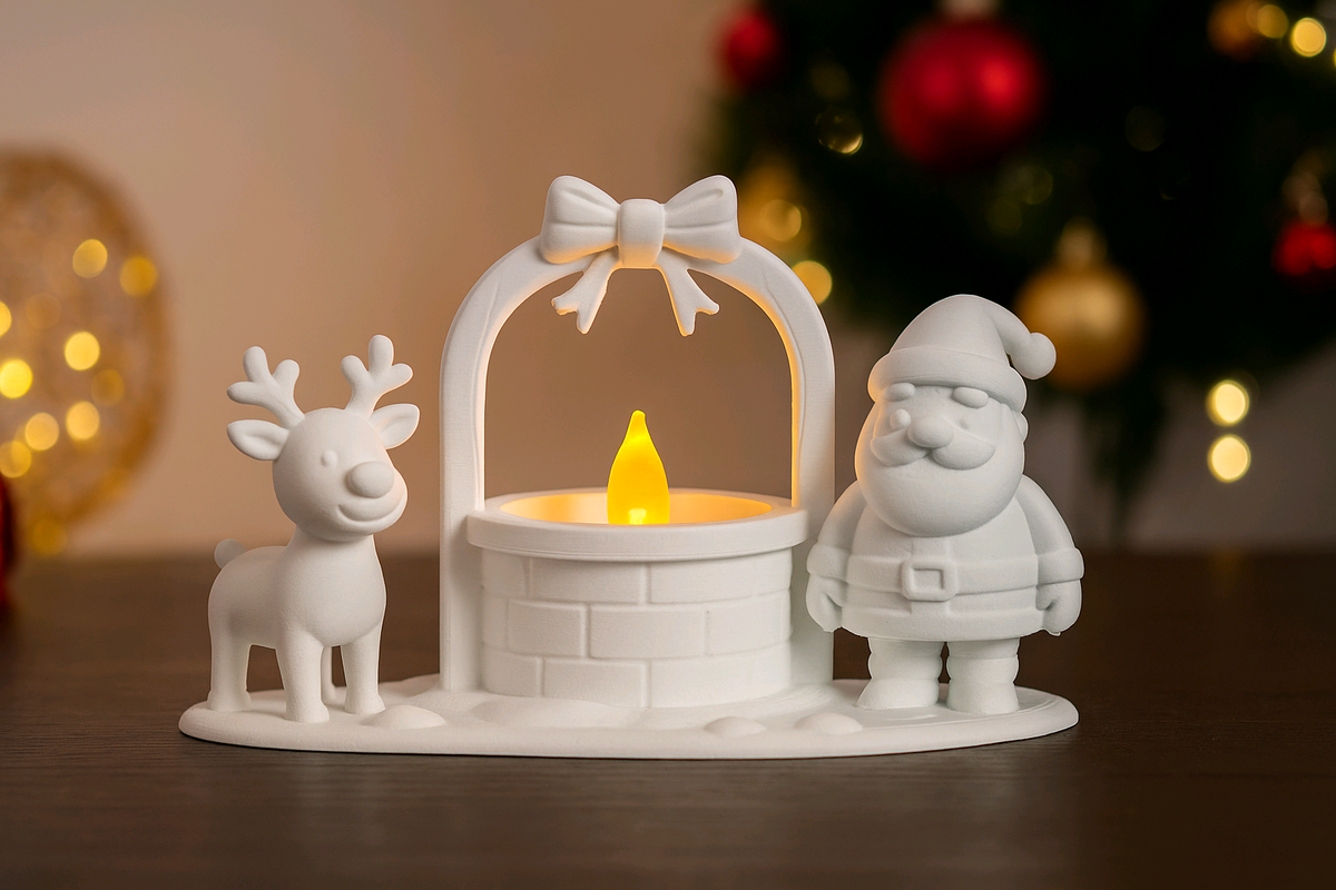 Front view of the Santa and reindeer tealight well holder with a glowing LED tealight