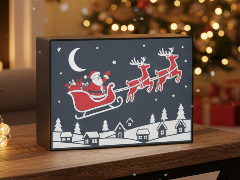 Framed Christmas picture showing Santa in a red sleigh pulled by reindeer over a snowy village under the moon and stars