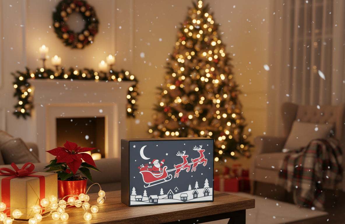 Framed Santa and reindeer picture displayed in a warm Christmas living room