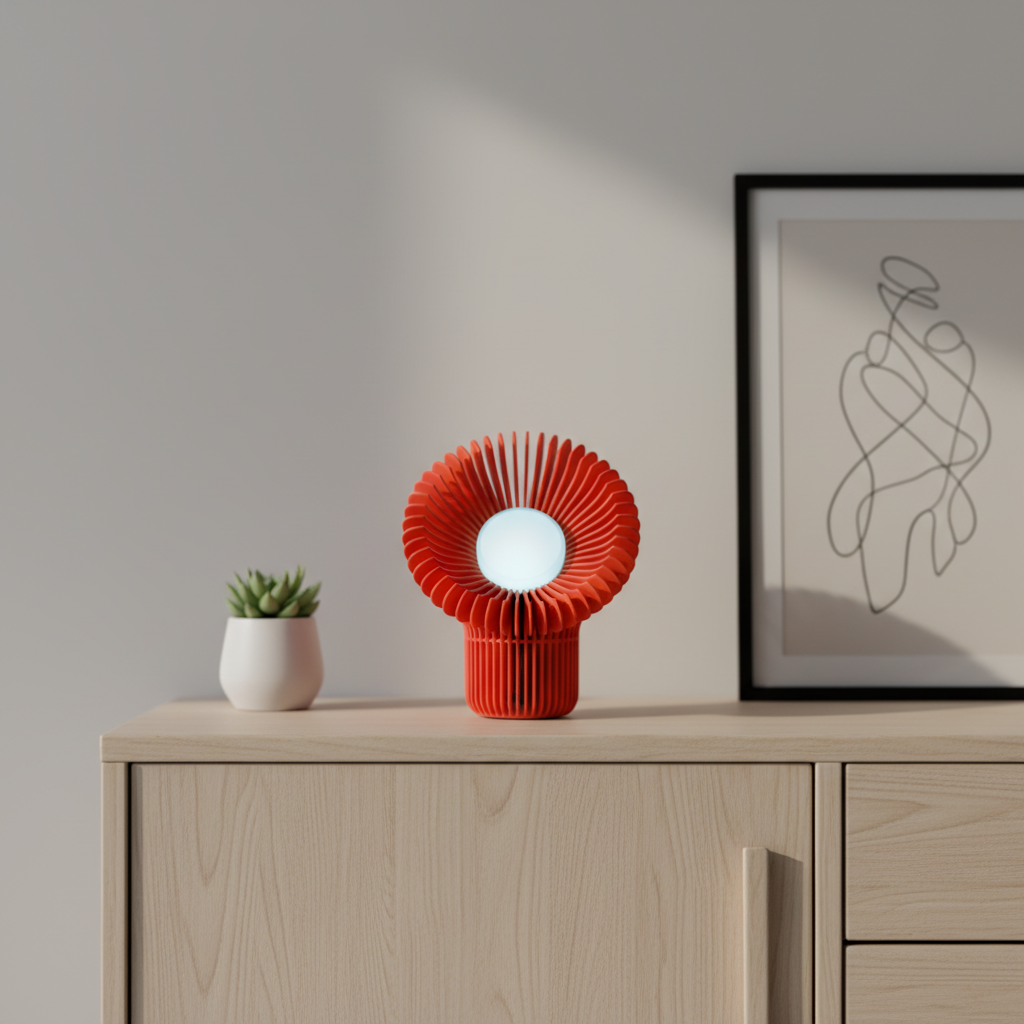 Heatsink Lamp red lifestyle render on pale oak desk Scandinavian interior succulent notebook soft window light