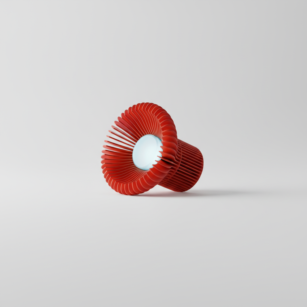 Heatsink Lamp red lifestyle render surrounded by geometric shapes pink grey green beige editorial studio