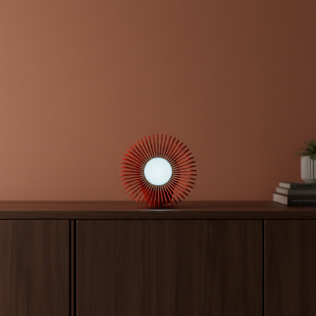 Heatsink Lamp red being held in two hands dark background glowing inner sphere visible through fins close up