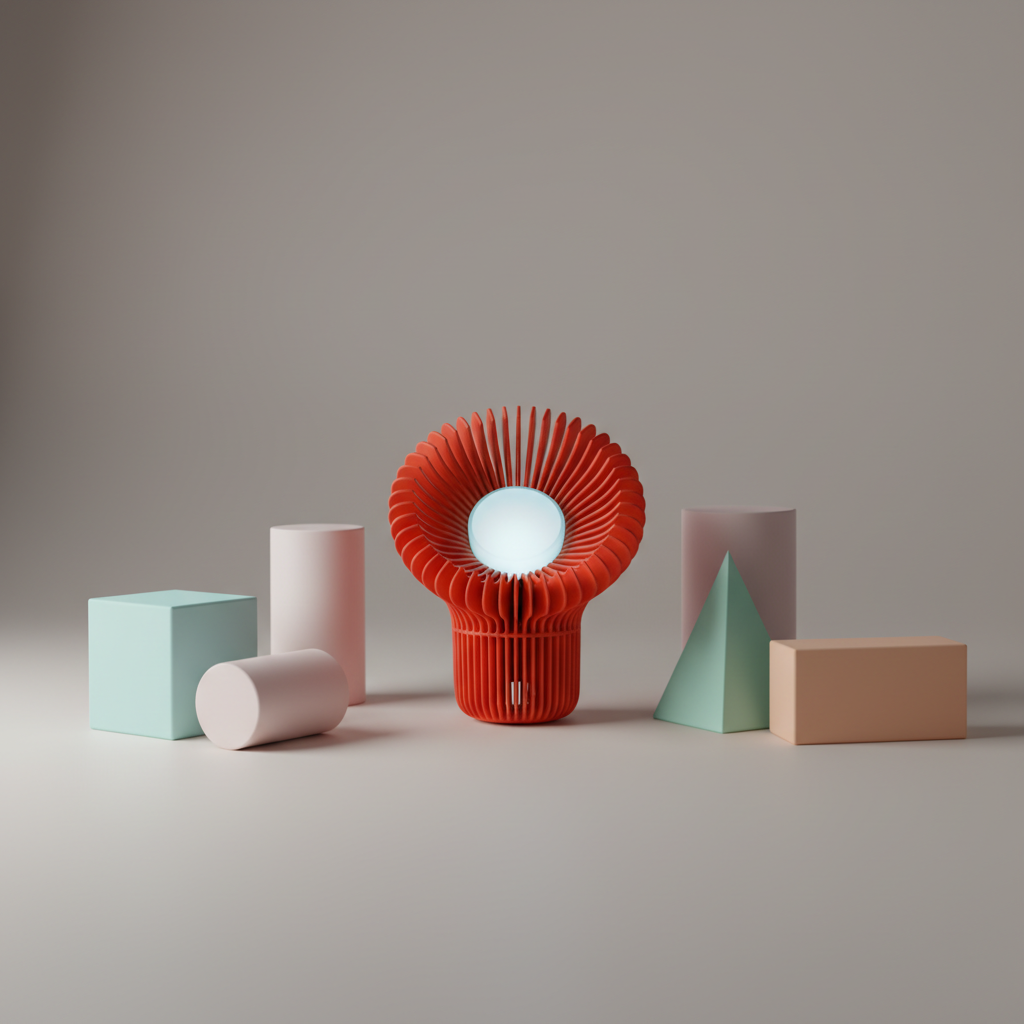 Heatsink Lamp red floating in mid-air surrounded by gold bronze and grey geometric shapes spheres cubes pyramids teal background
