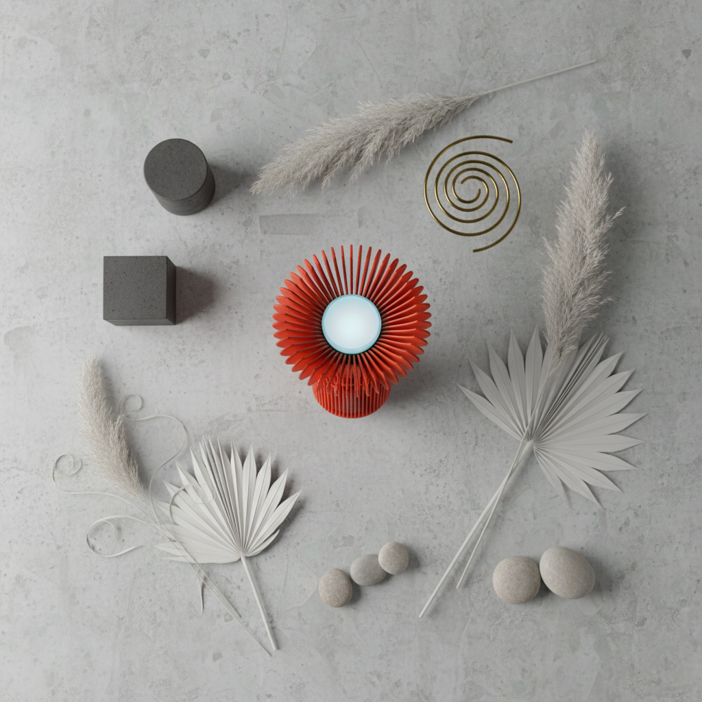 The Heatsink Lamp red on dark sideboard warm terracotta wall books and plant ambient evening interior