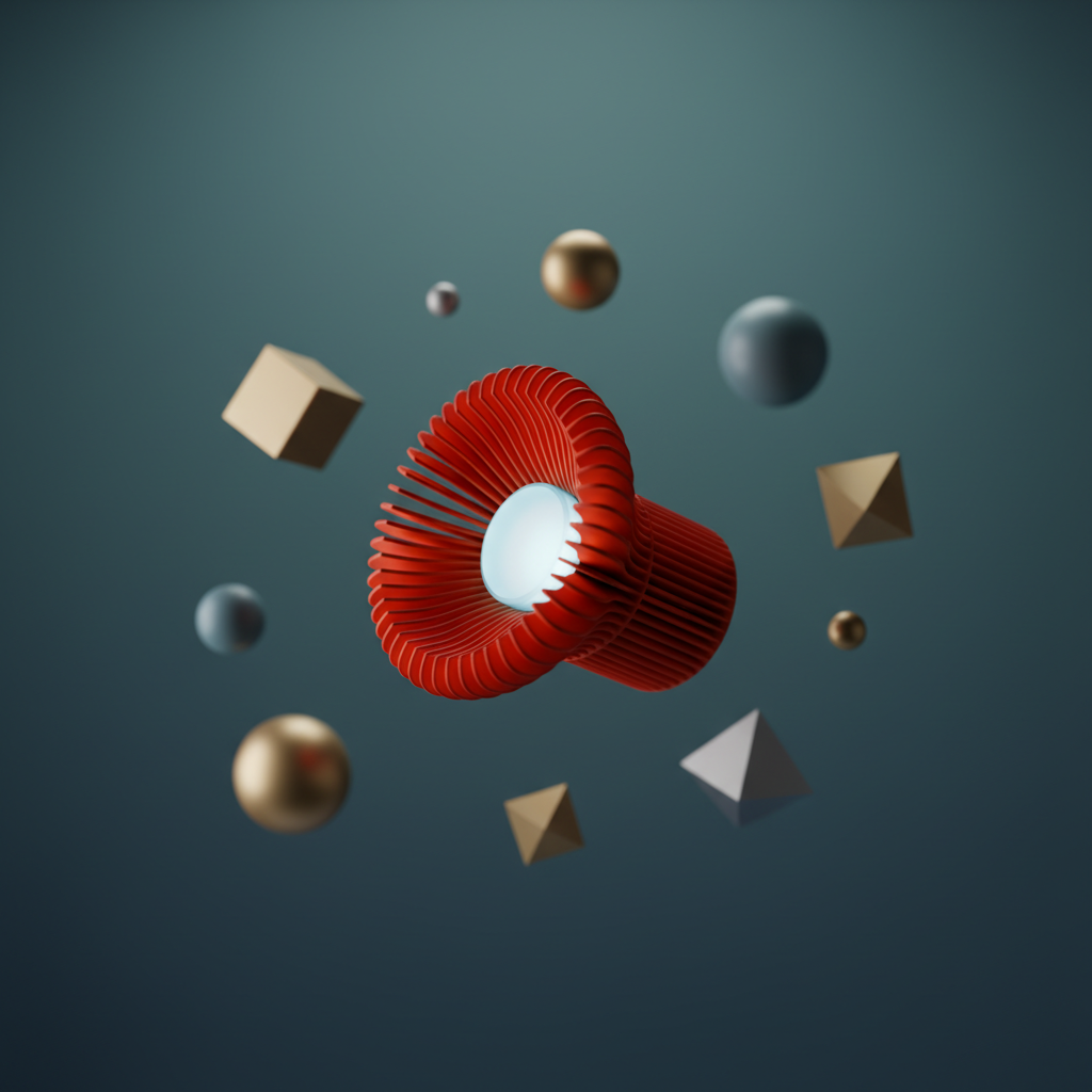 The Heatsink Lamp red geometric shapes pink sage green beige grey editorial render neutral background