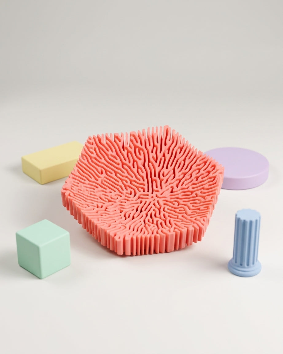 Coral bowl held in hand against dark background