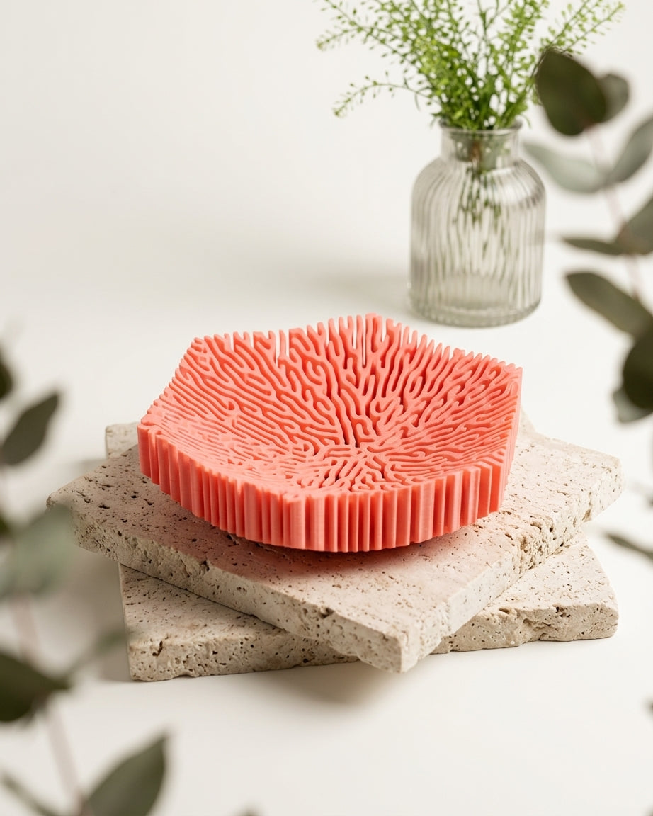 Coral storage bowl on pale wooden board