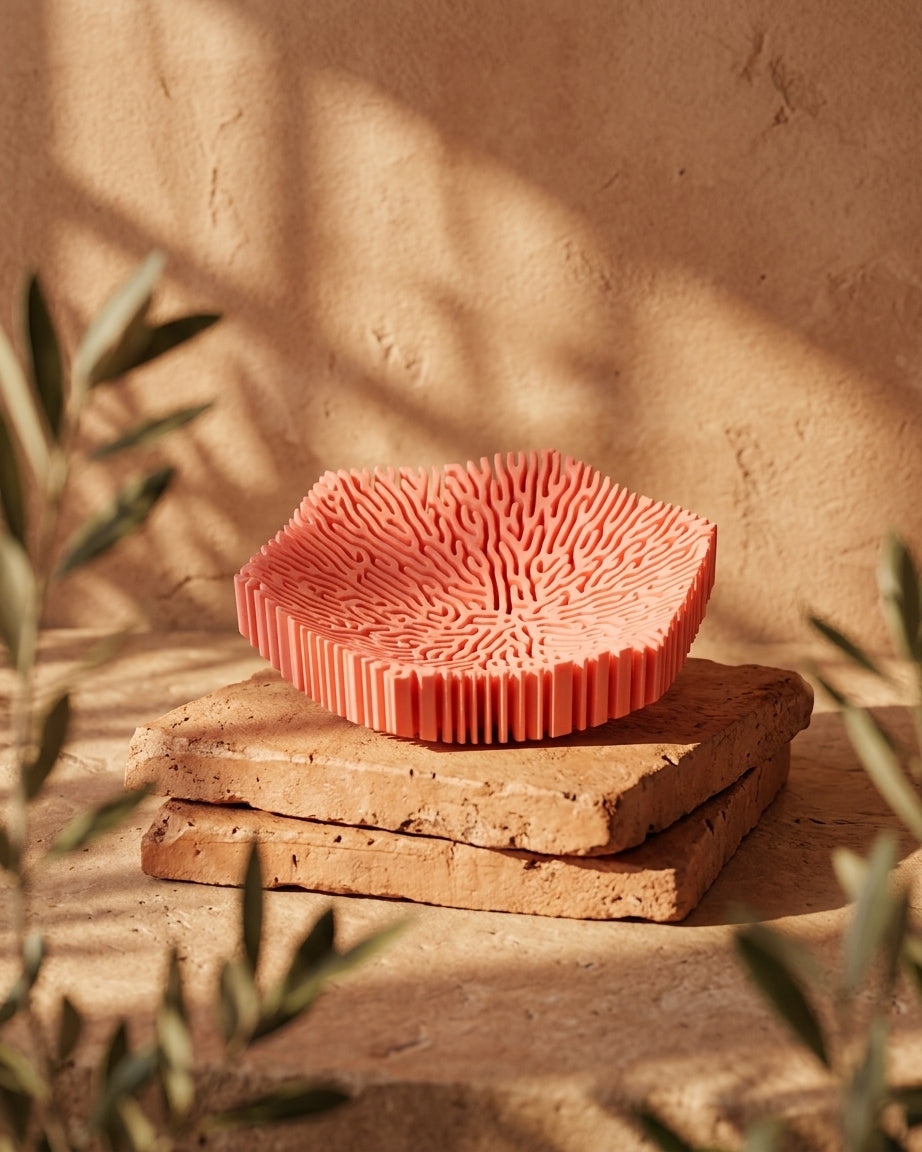 Hexagonal coral bowl angled view held in hand