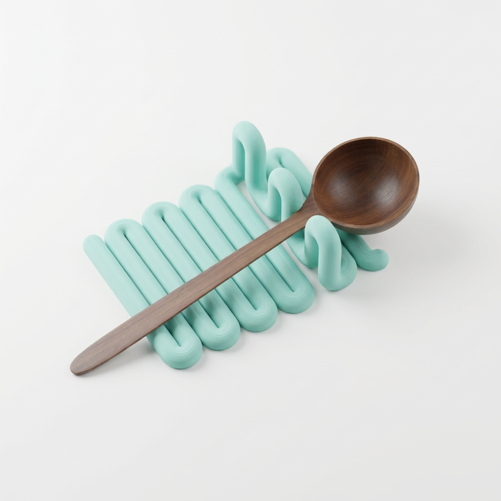 Wibble Kitchen Utensil Holder Tray mint green wooden spoon close up warm beige surface shadow
