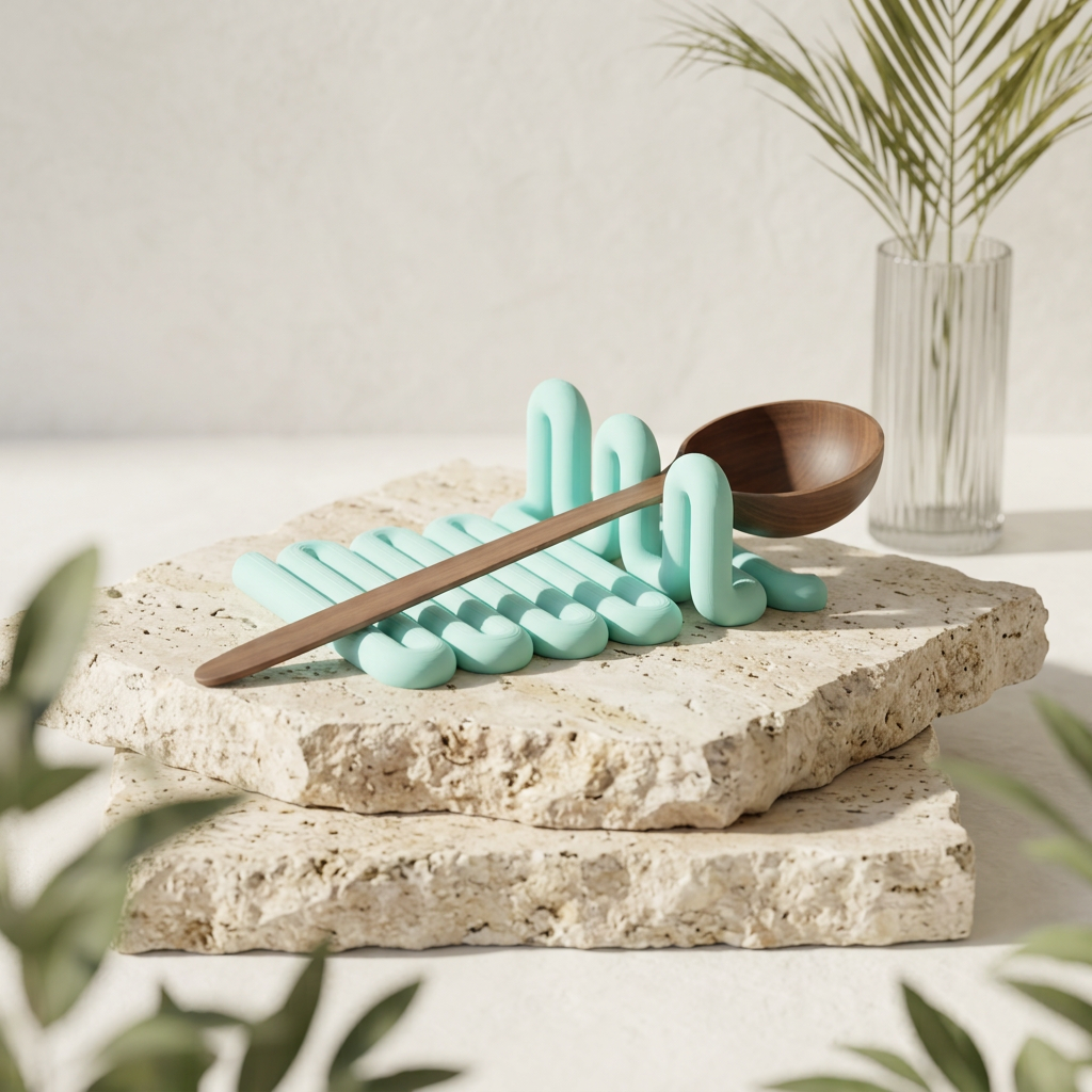 Wibble Kitchen Utensil Holder Tray mint green wooden spoon kraft paper eucalyptus ceramic shards flatlay
