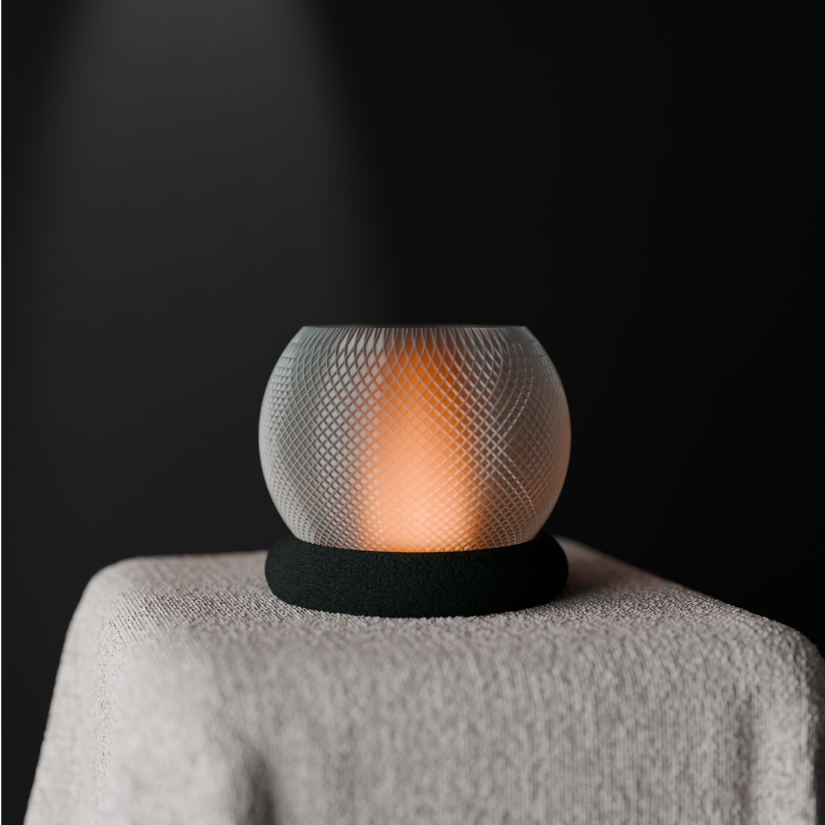 Textured Glow Orb Table Lamp white globe black base warm glow low angle portrait