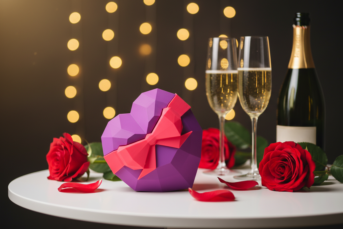 Heart-Shaped Ring Box - Valentine's celebration table with roses and champagne