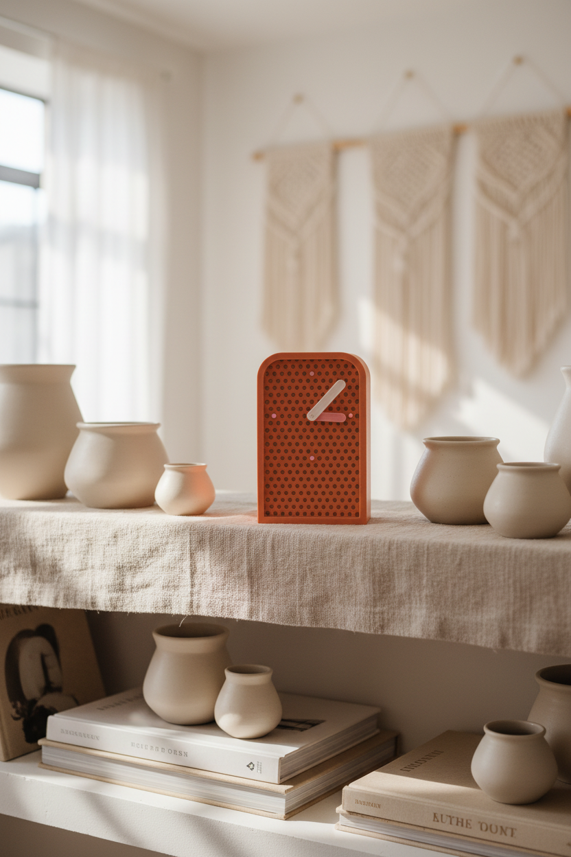 Orange clock on linen shelf with books and ceramics - lifestyle