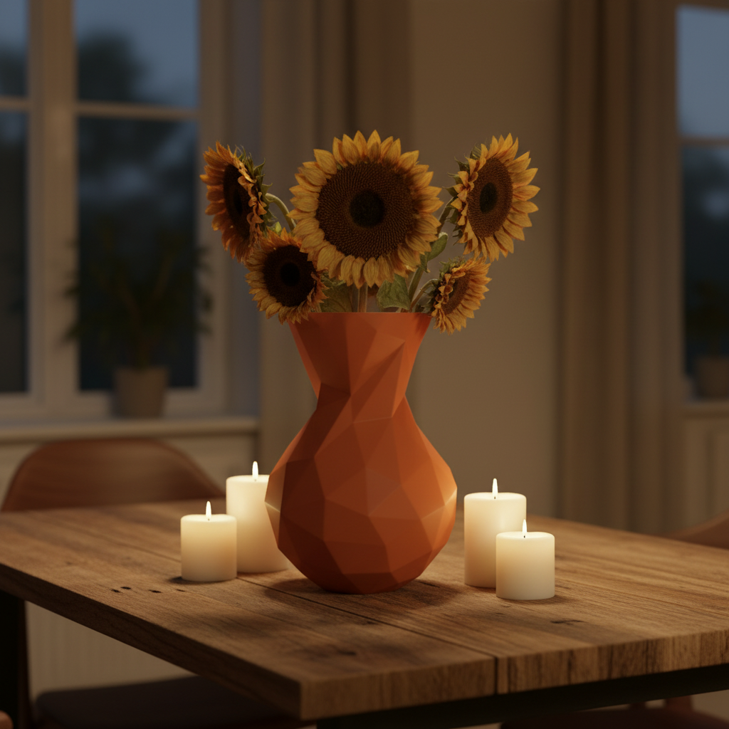 Terracotta orange low poly vase with dried sunflowers on a rustic wooden dining table with candles