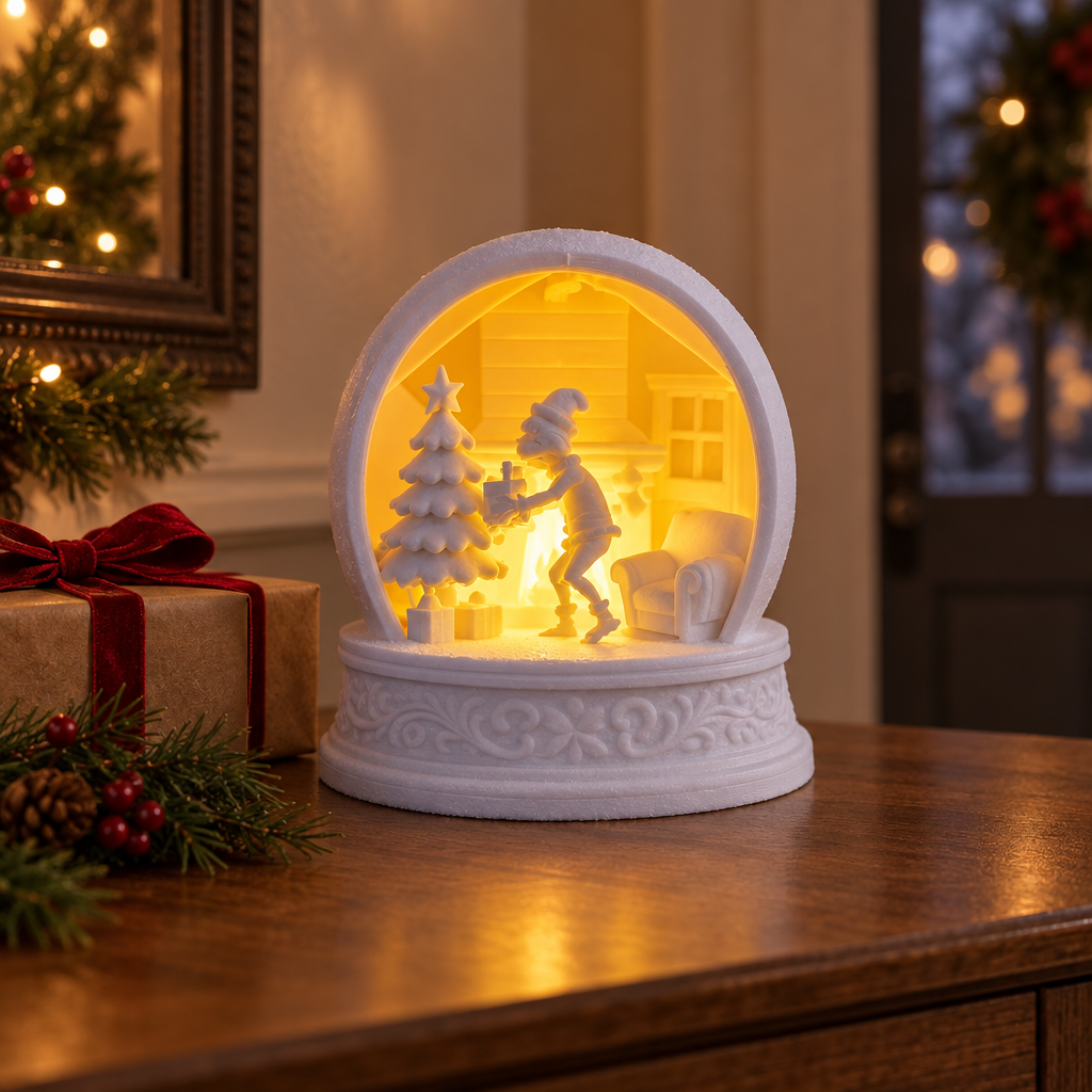 White Grinch Christmas tealight holder styled on an entryway console beside a wrapped gift
