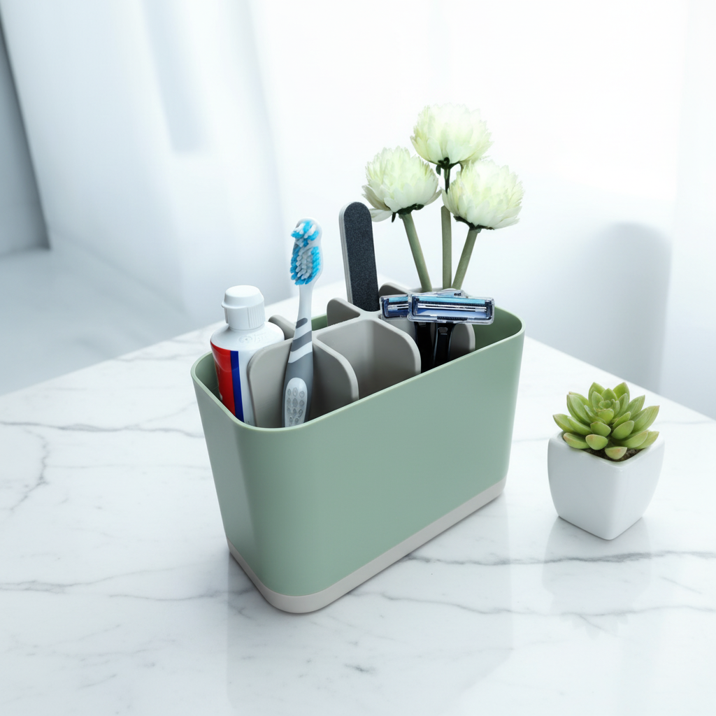Sage green two-tone bathroom organizer on marble counter with toothbrush, toothpaste and plant