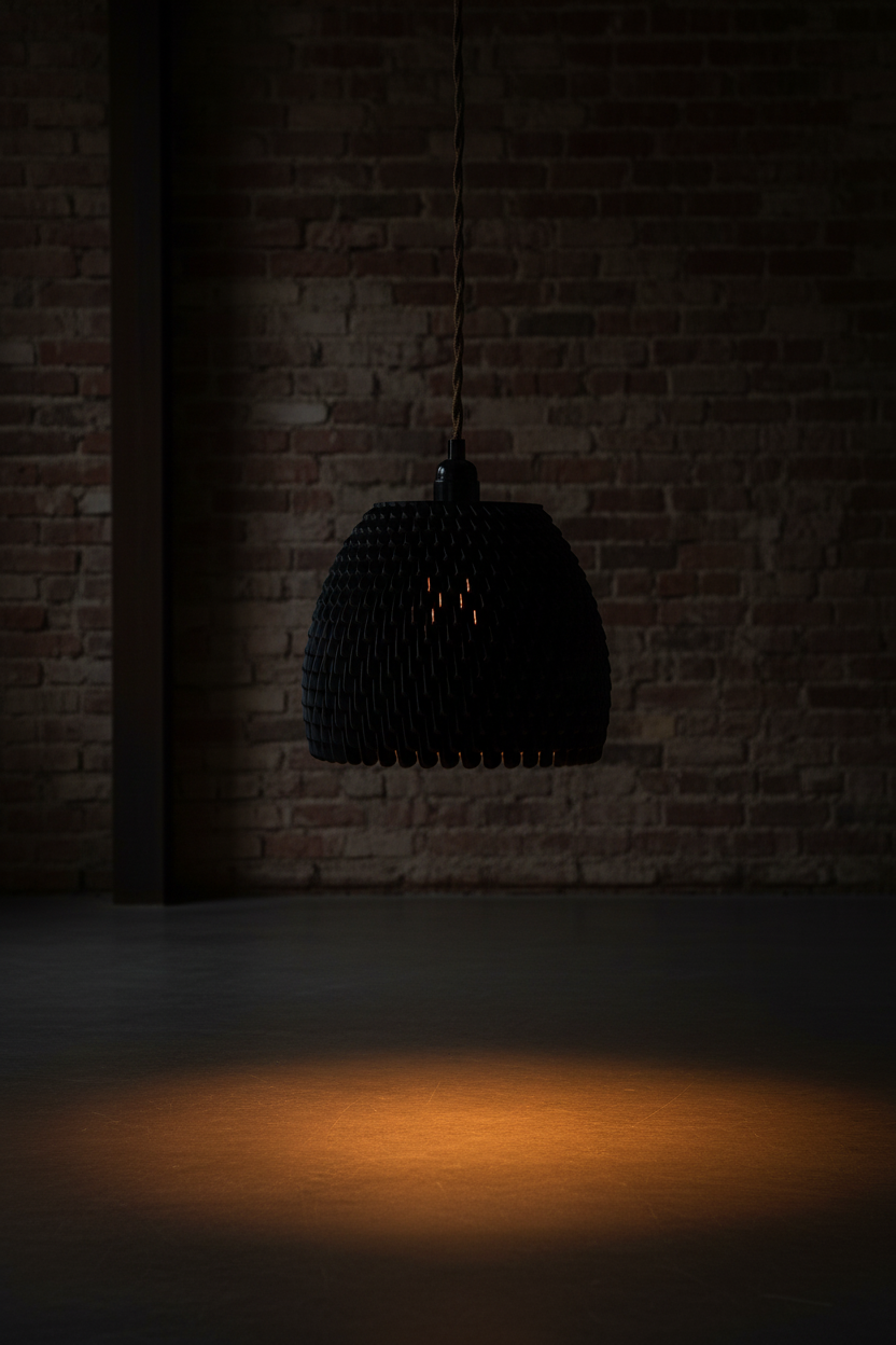 Black staggered lampshade dramatic glow dark industrial living room - lifestyle
