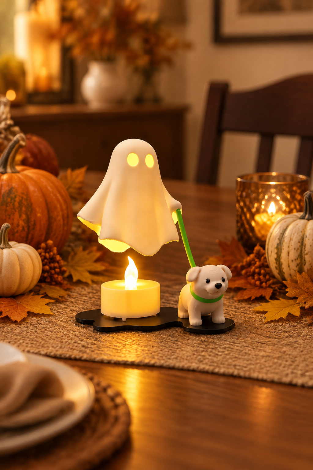 White ghost and puppy with matching green collar and lead on a Halloween table with pumpkins and autumn leaves