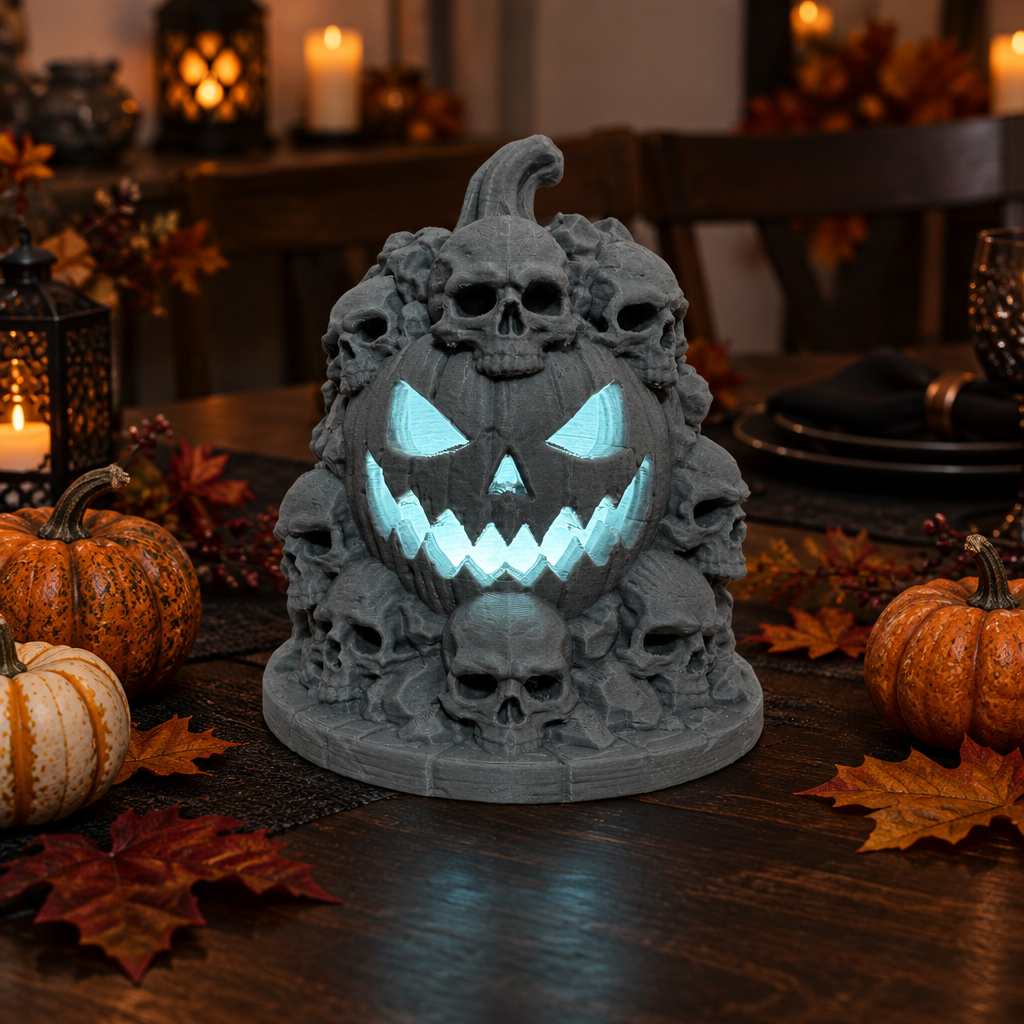 Grey Skull Mountain tealight holder with pale-blue LED glow among pumpkins and autumn leaves on a dining table