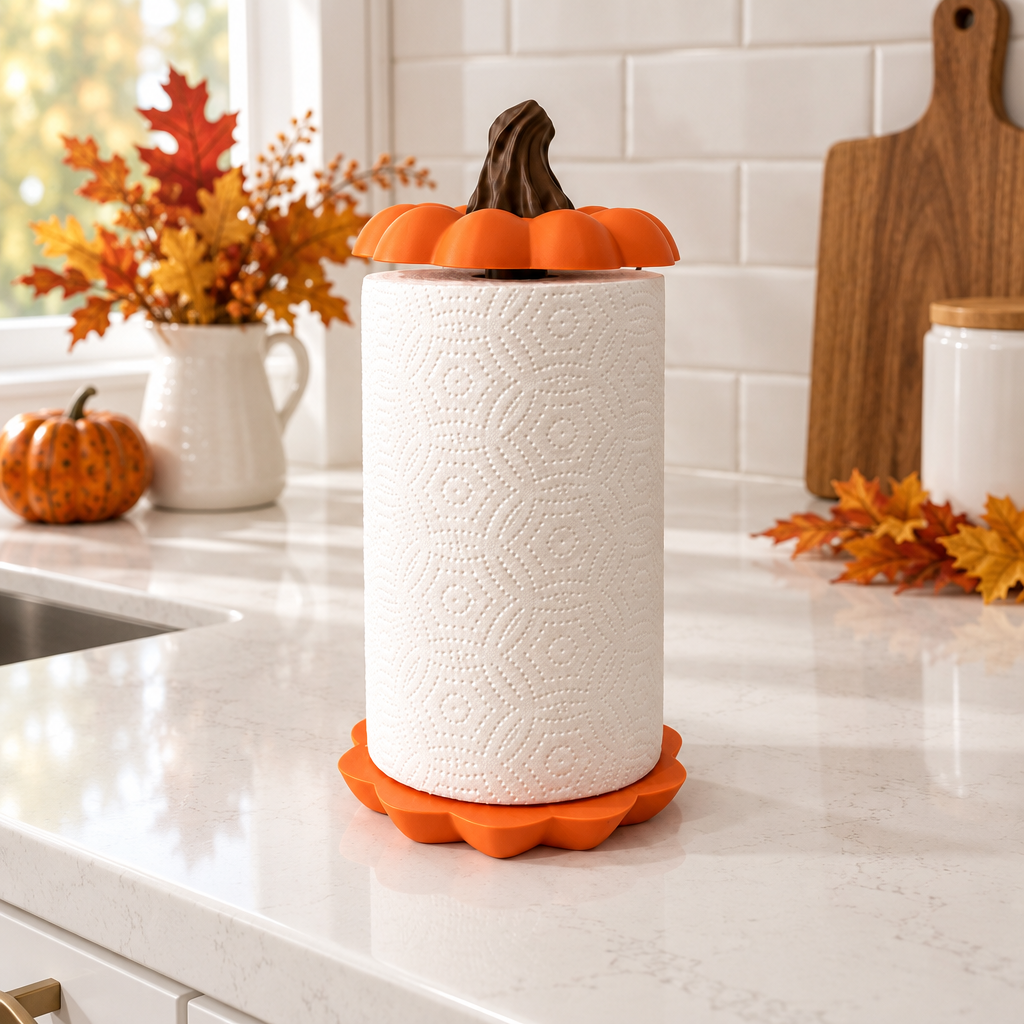 Orange pumpkin kitchen towel holder on a bright counter with autumn leaves
