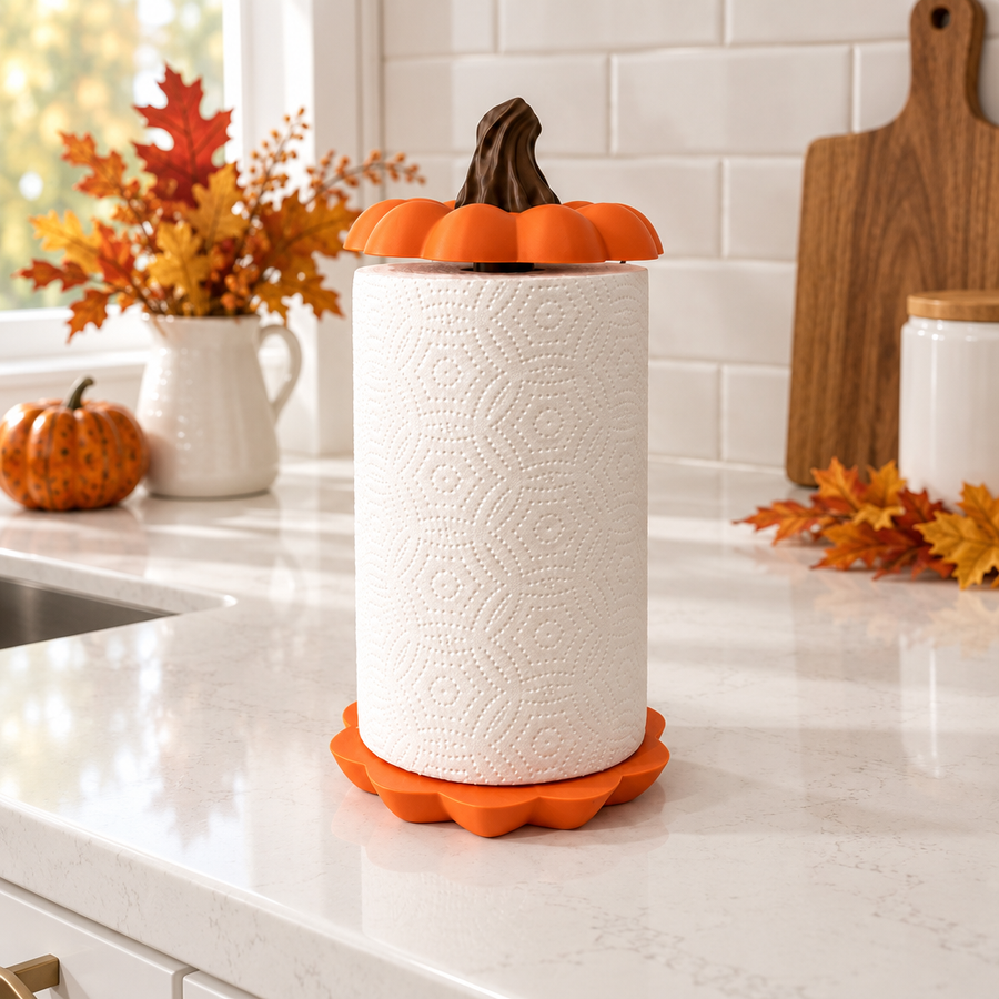 Orange pumpkin kitchen towel holder on a bright counter with autumn leaves