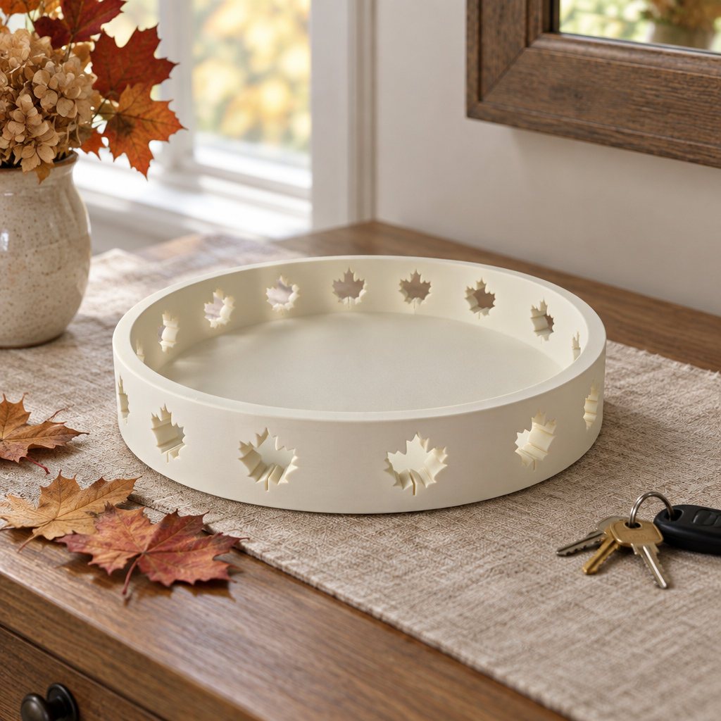 Ivory round Autumn Tray with maple-leaf cutouts on a linen entryway runner