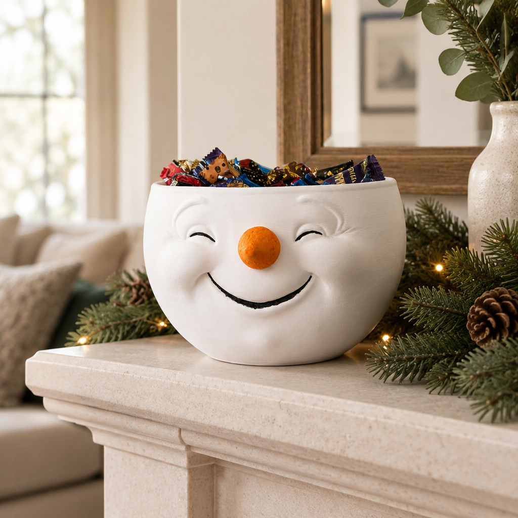 White snowman snack bowl displayed on a winter-styled mantel with greenery