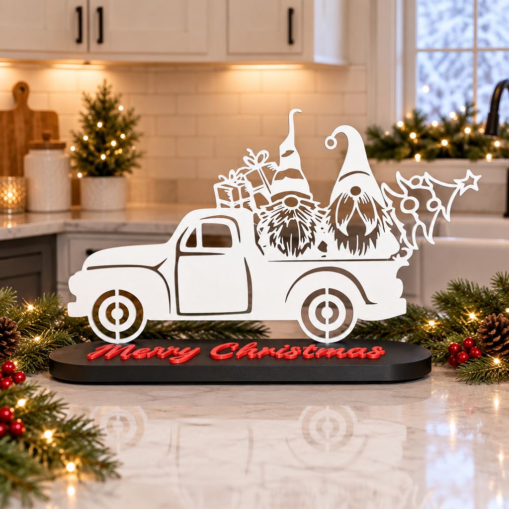 Gonks on Car – Side Christmas topper displayed on a festive mantel