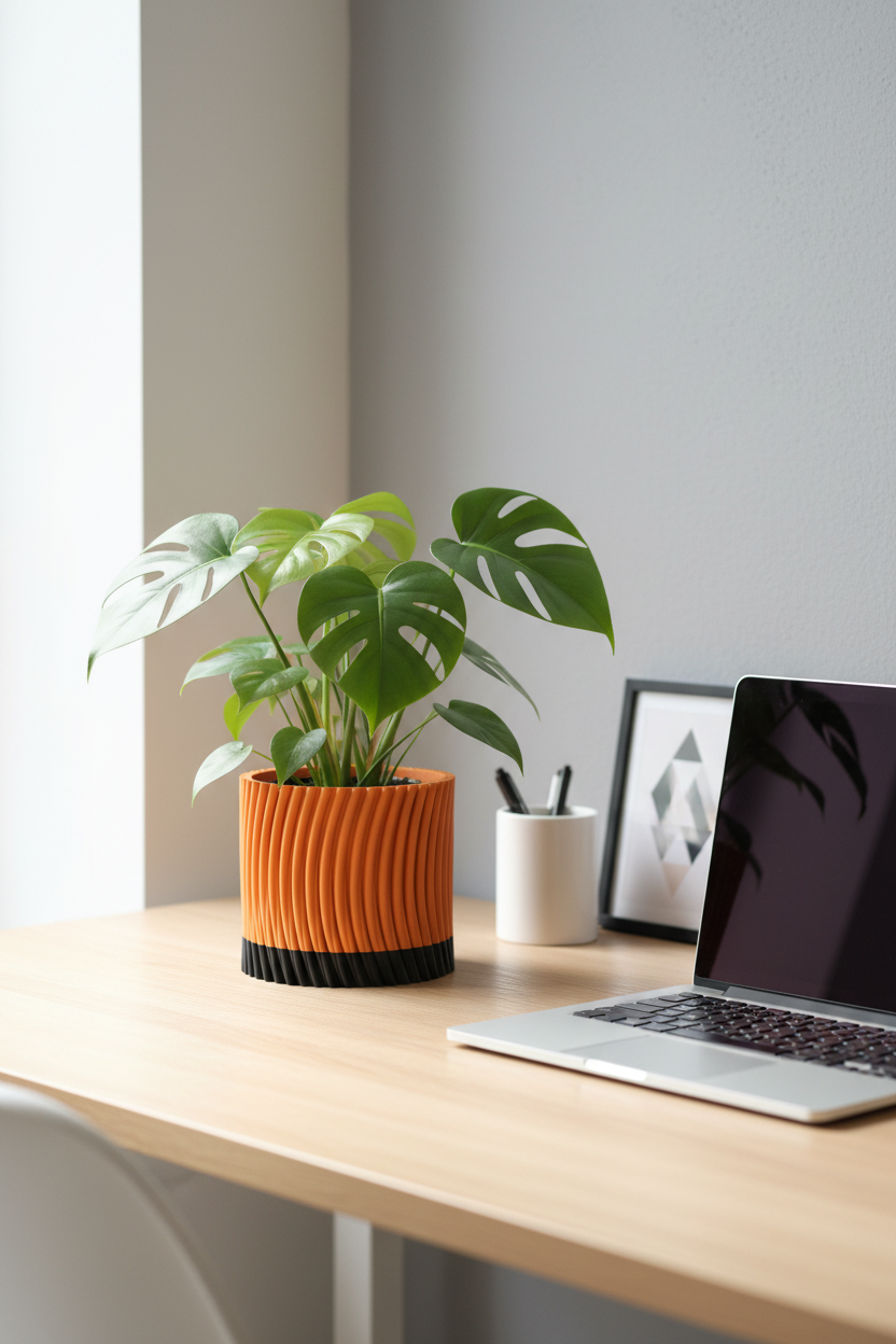 Modern Twist Self-Watering Planter orange on oak desk with MacBook