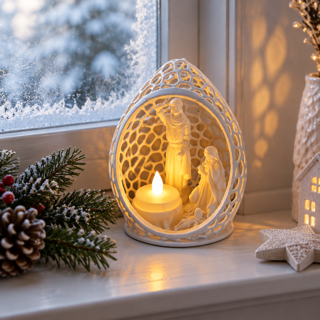 Nativity tealight scene by a softly frosted winter window
