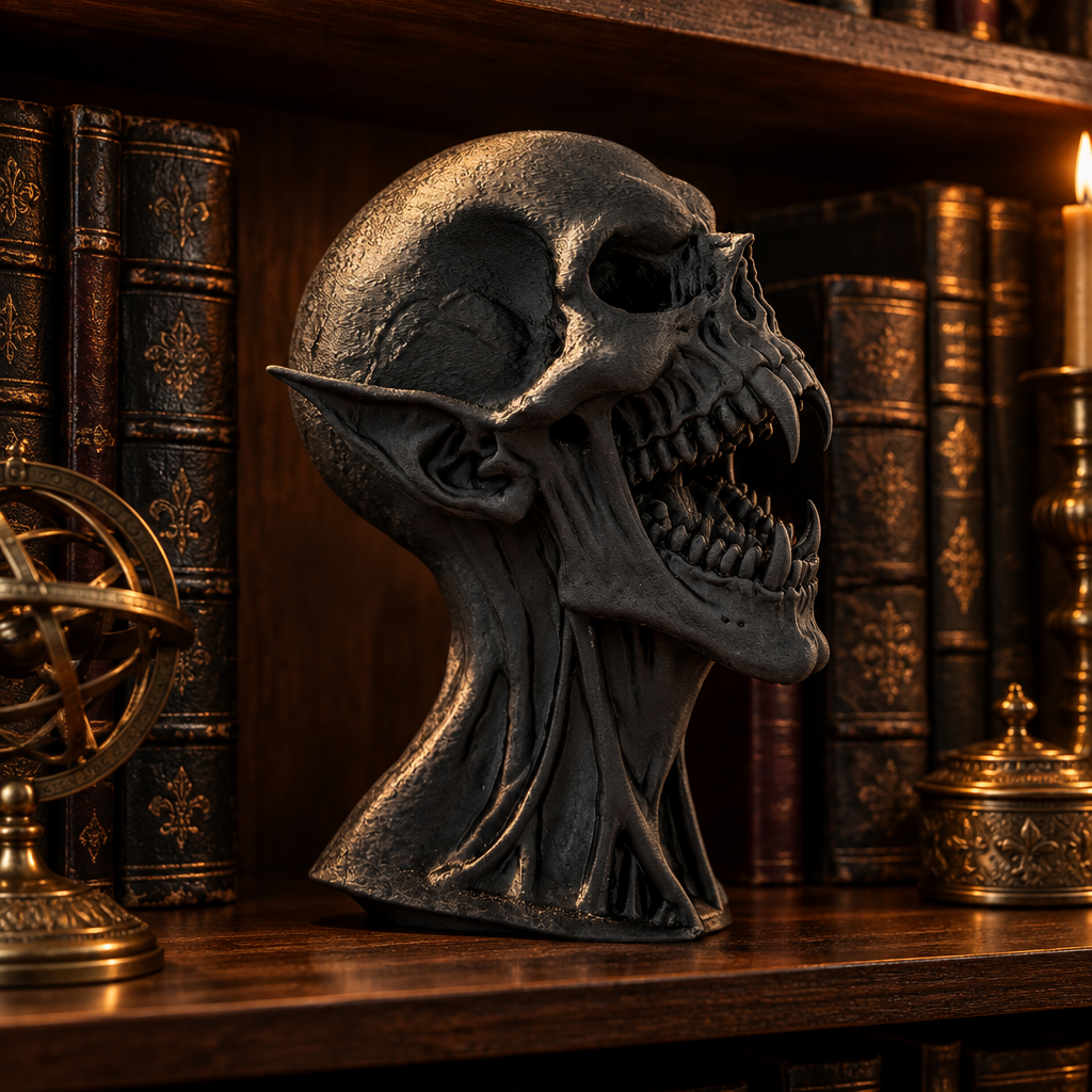 Black Vampire Skull displayed among dark books and brass details