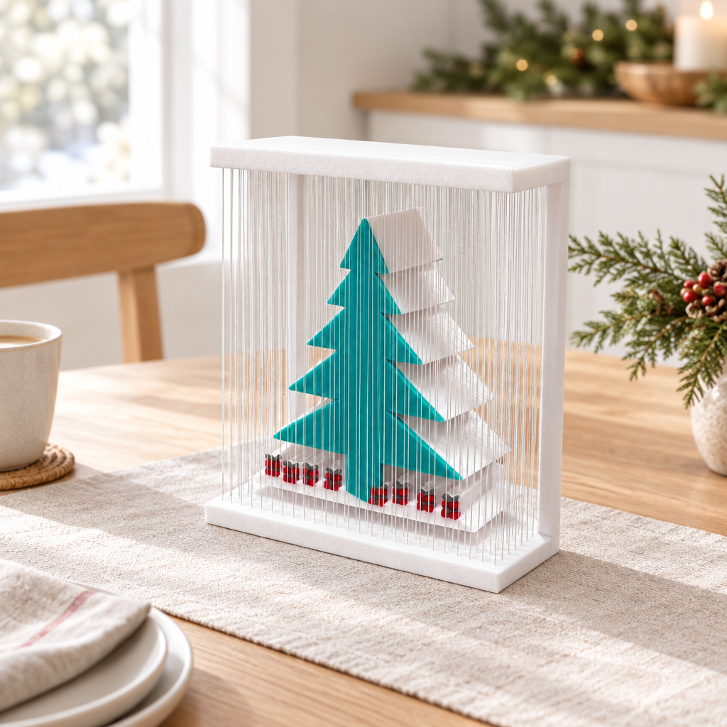White strand-frame display with teal Christmas tree and red-and-dark base details on a pale breakfast nook table.