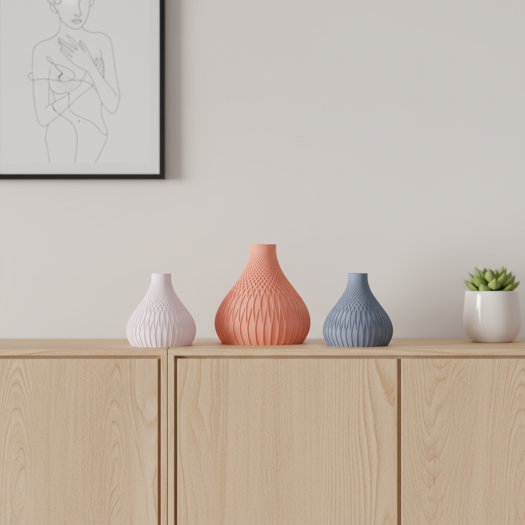 Textured Gourd Vase salmon pink held in two hands front facing home interior background
