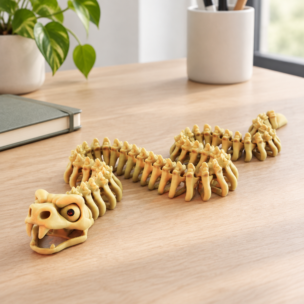 Bone-coloured Snake Skeleton fidget curved on a pale oak desk