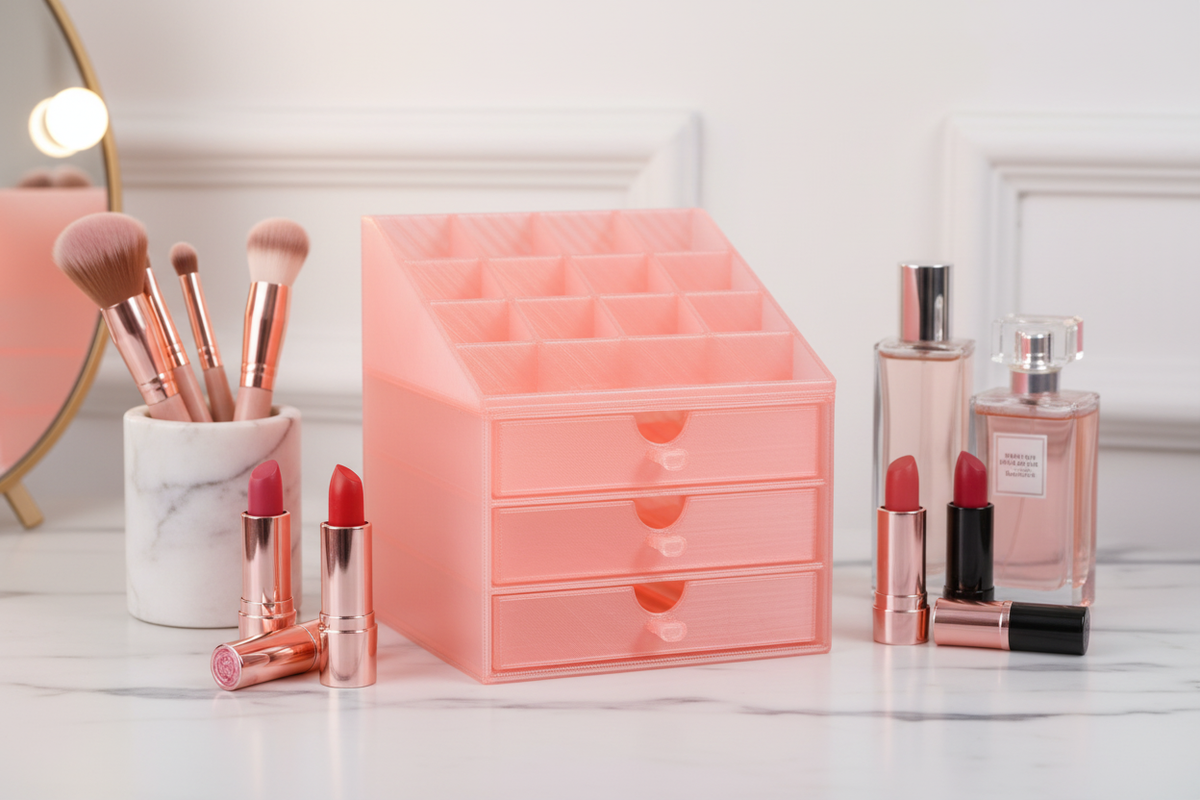 Make-up Organizer on a white marble vanity with makeup brushes and perfume bottles