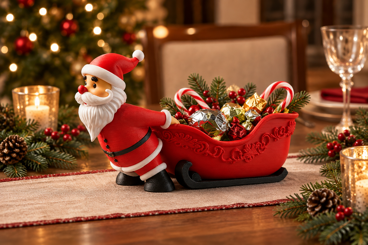 Santa pulling an ornate red sleigh sweet bowl on a Christmas dining table