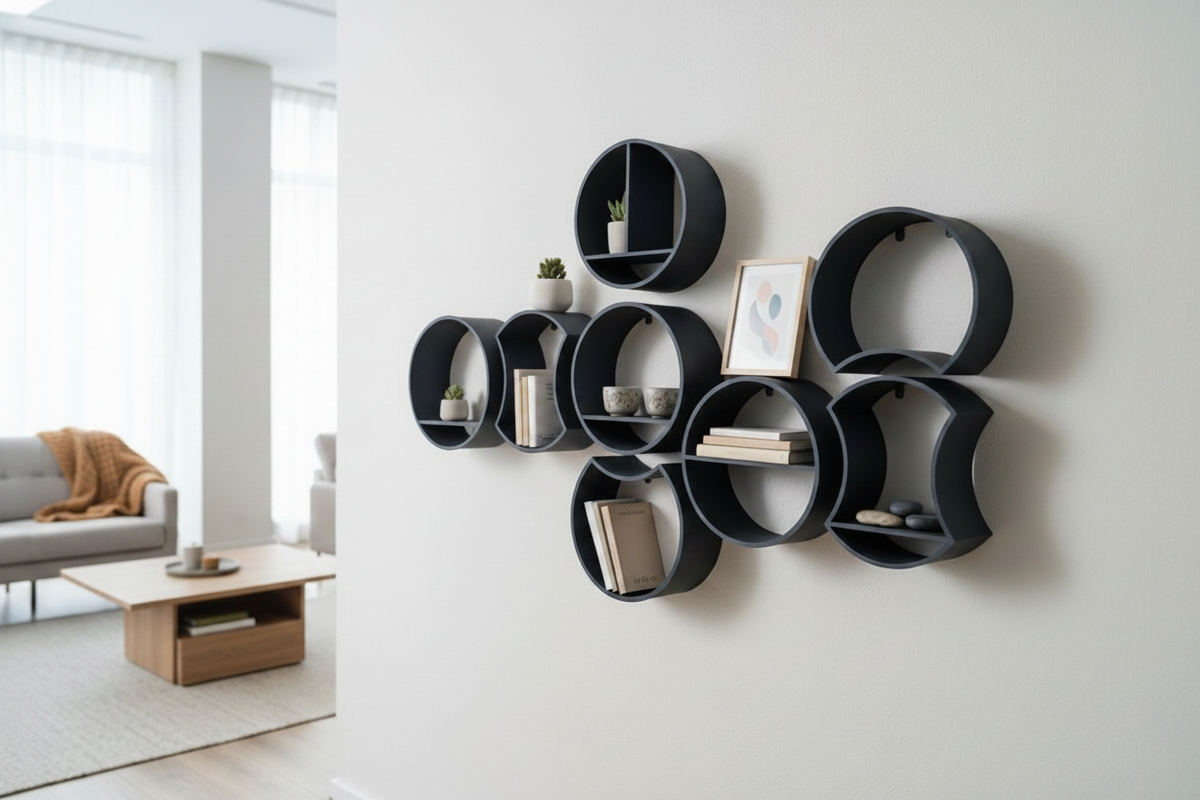 Navy blue modular round shelf system in organic pattern on white home office wall with plants and books